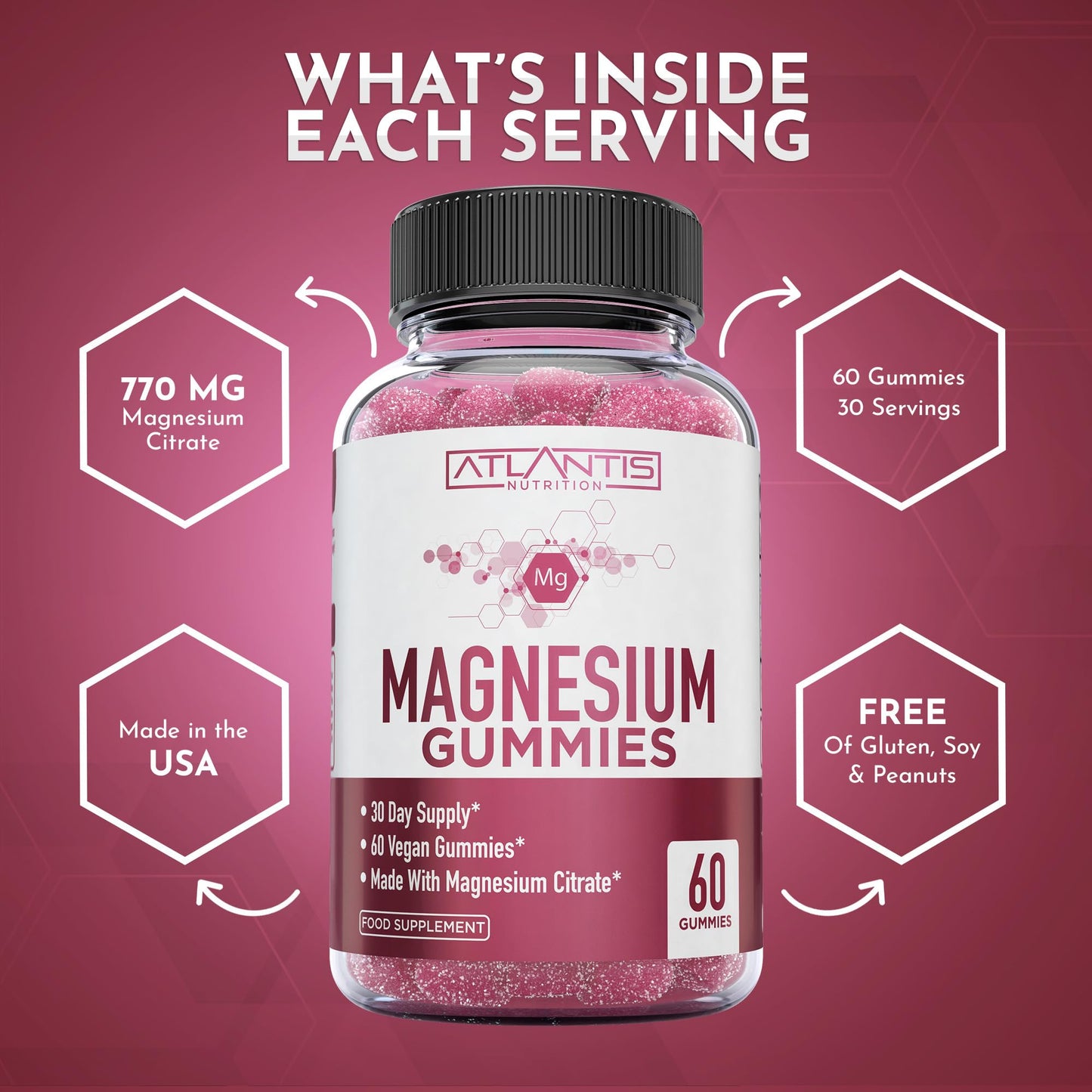 Magnesium Gummies - 770 MG Magnesium Citrate - Promotes Calmness & Improves Sleep. Helps Muscles Recover & Relieves Cramps - 60 Vegan Gummies