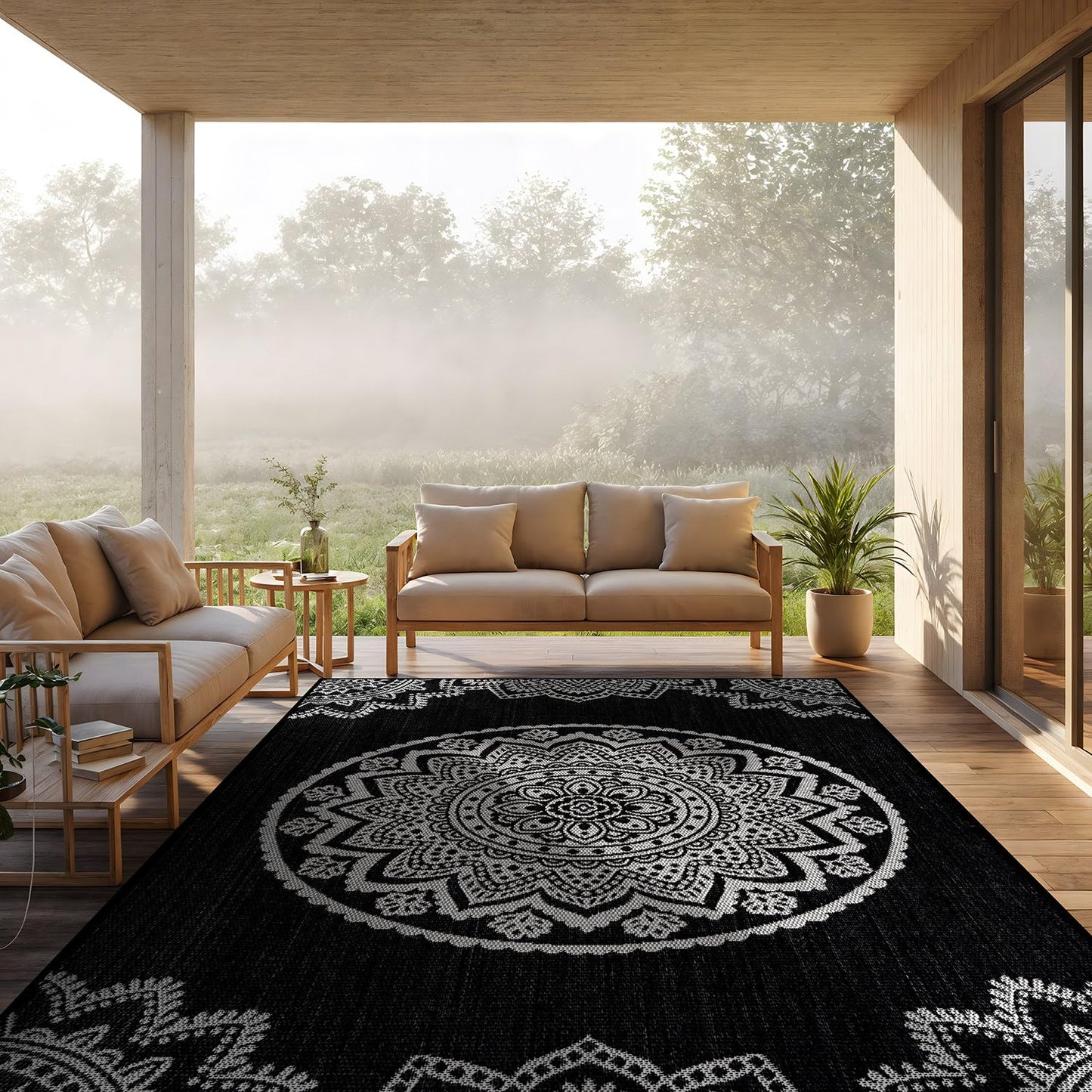 CAMILSON Outdoor Rug 10x14 Modern Large Area Rugs for Indoor and Outdoor Patios and Porches - Washable Non-Shedding Easy-to-Clean Outside Carpet (10 x 14 Medallion - Black/White)