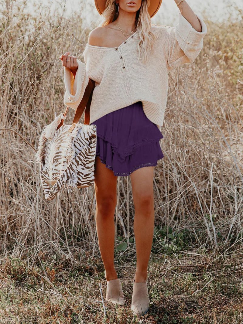 Aoudery Flowy Shorts for Women Casual Boho Ruffle Tiered Skorts High Waist Mini Skirts Golf Tennis Butterfly Crochet Shorts - Dark Purple XL