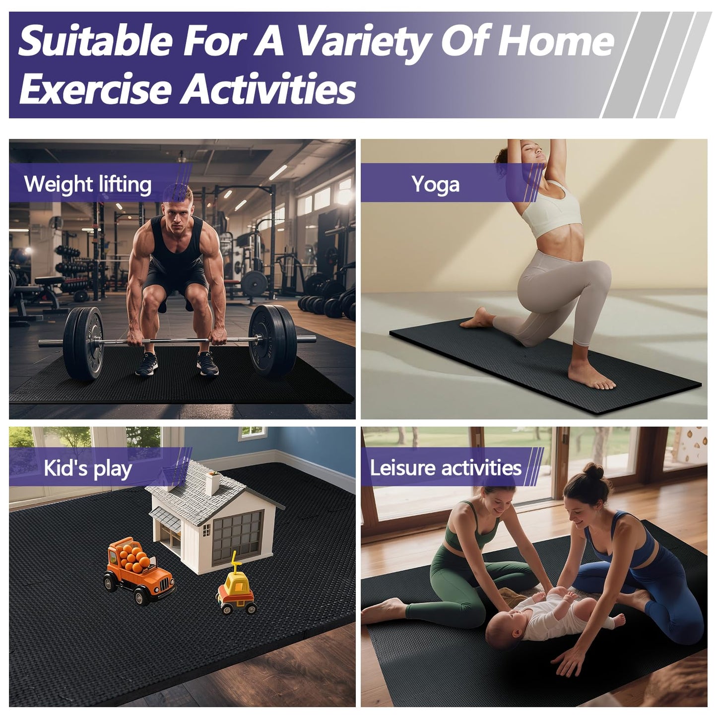 MAXTBEE 1/2 inch Thickened Interlocking Foam Floor Mats (24 Sq Ft), 6 Tiles 24X24in High Density EVA Foam Gym Flooring for Home Gym, Weightlifting, Kids Play Area, Non-slip, Free Splicing.