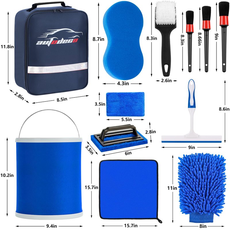 AUTODECO 12Pcs Boat Wash Cleaning Kit with Collapsible Bucket Wash Sponge Mitt Microfiber Towel Squeegee Scrub Pads Brushes Complete Interior Exterior Cleaning Set for Boat