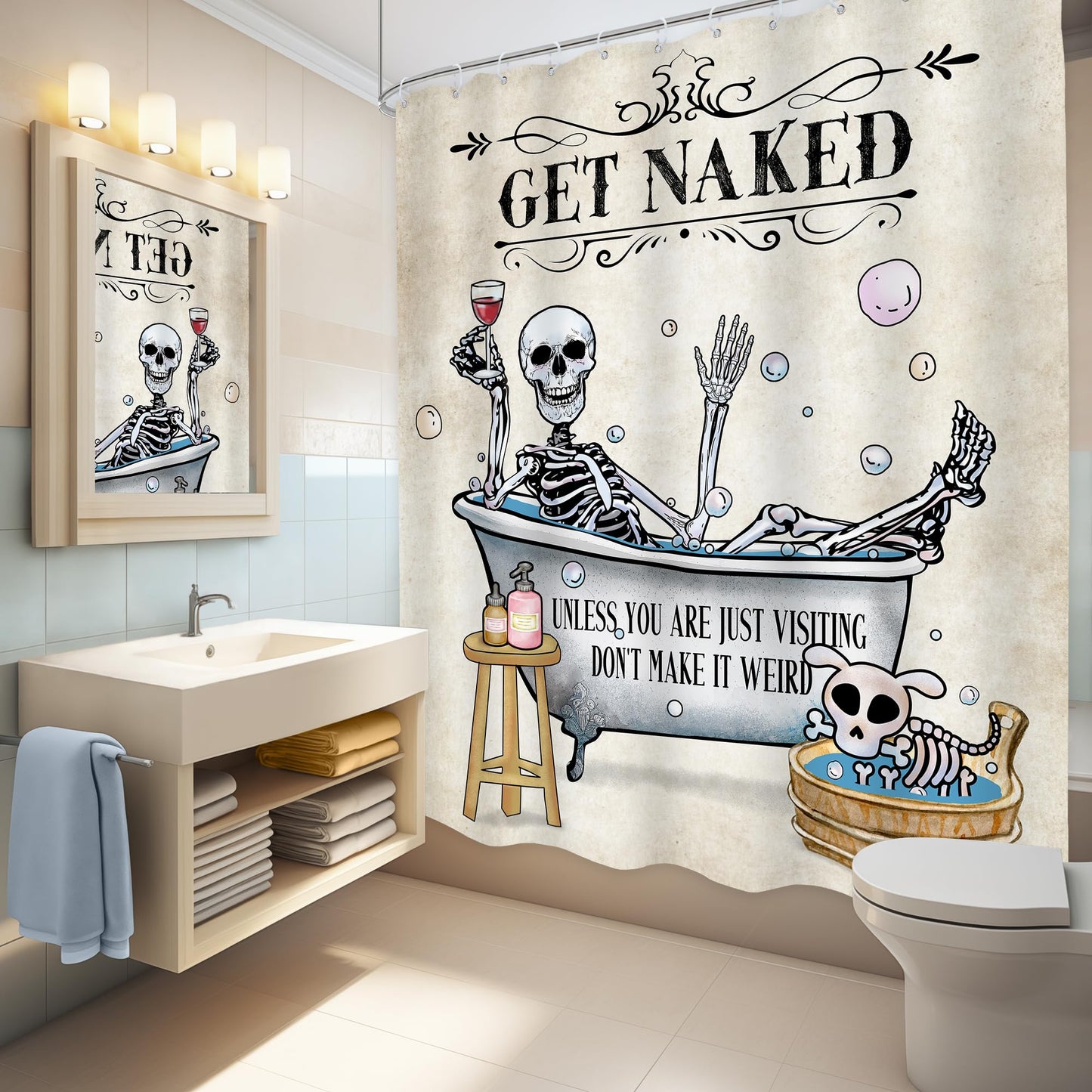 LGhtyro Funny Skull Skeleton Shower Curtain Gothic Spooky Cool Unique Hilarious Bone in Bathtub Bubbles Dog Halloween Bathroom Set 60Wx71H Inches Bath Accessories Art Home Decor Fabric 12 Pack Hooks