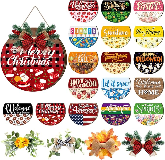 Vicenpal Interchangeable Welcome Sign for Front Door with 17 Magnetic Icons, Wooden Seasonal Front Porch Door Decor with 4 Seasonal Wreaths and 17 Changeable Icons for Holiday Party (Brown)