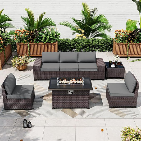 ALAULM 7 Pieces Patio Furniture Set with Fire Pit Table 55000BTU, Oversized Seat/Armrest and High Back Wicker Conversation Set with Thick Cushion for Backyard, Garden, Grey