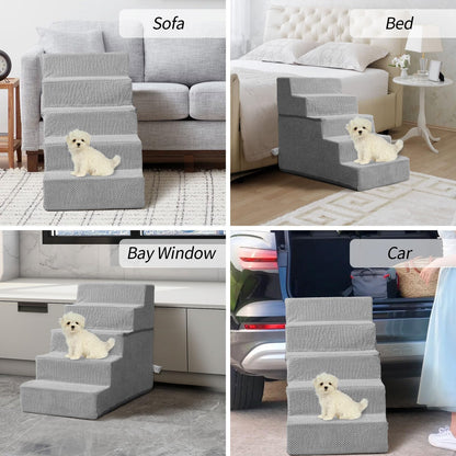 Masthome Dog Steps for Bed, Foldable 5-Step High-Density Foam Dog Ramp with Removable Cover, Soft & Non-Slip Pet Stairs for Small Older Injured Pets, 75x38cmx57, Grey