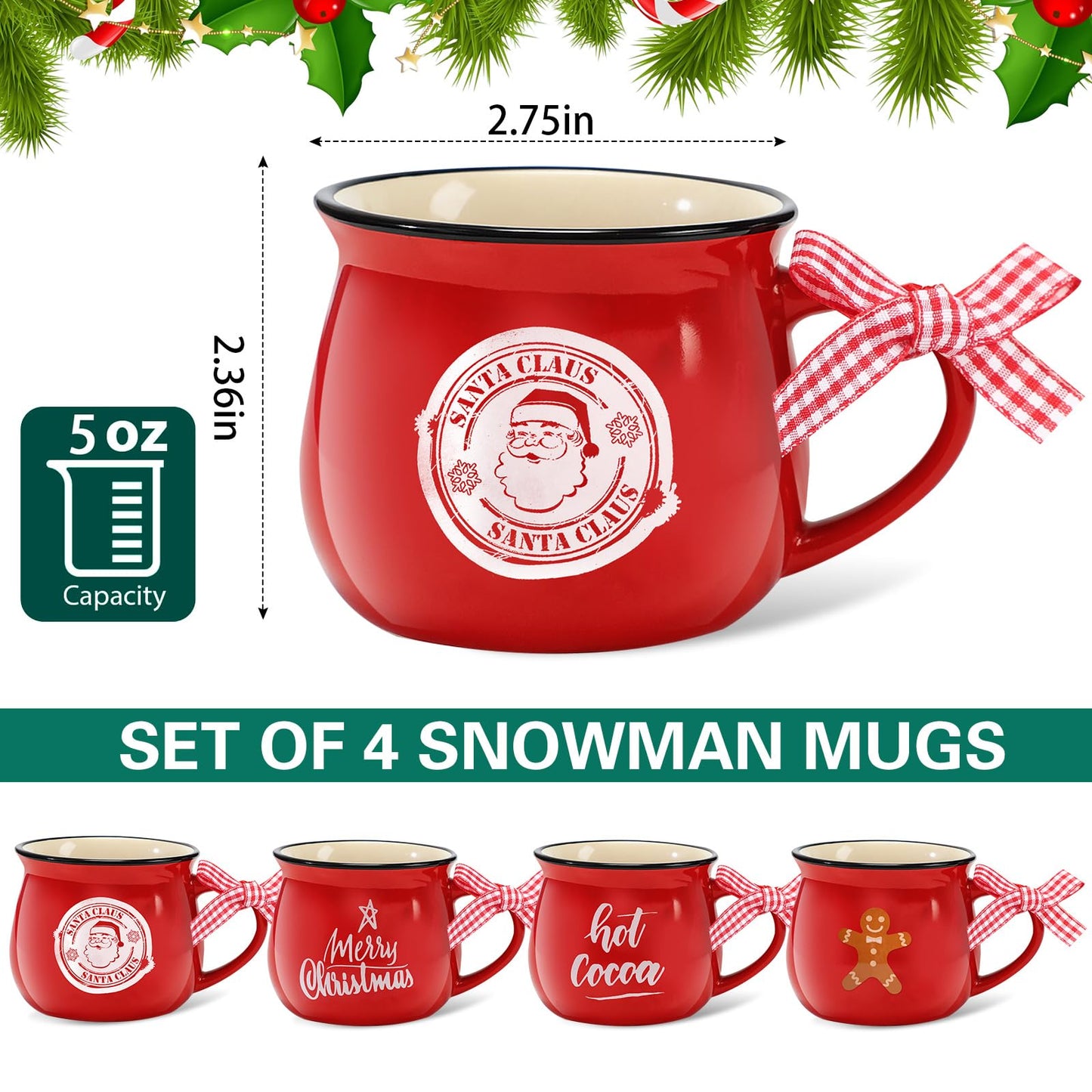 Patelai 4 Pcs Christmas Coffee Mugs Set 5 oz Mini Espresso Cups Ceramic Mugs with Handle for Coffee Bar Tiered Tray Decoration Holiday Party Gift