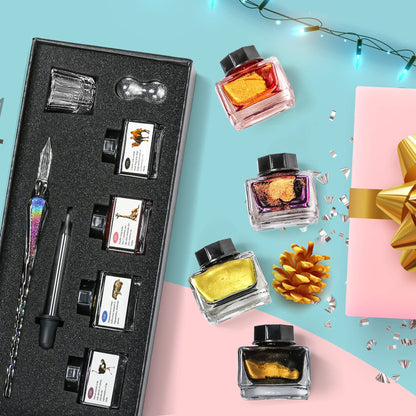 ESSSHOP Handmade Glass Dip Pen and Ink Set - 15ml Color Inks Pen Holder Cleaning Cup Ink Drip Tool Crystal Signature Ink Dipped Pen Kit for Art Writing Calligraphy Christmas Day Gifts