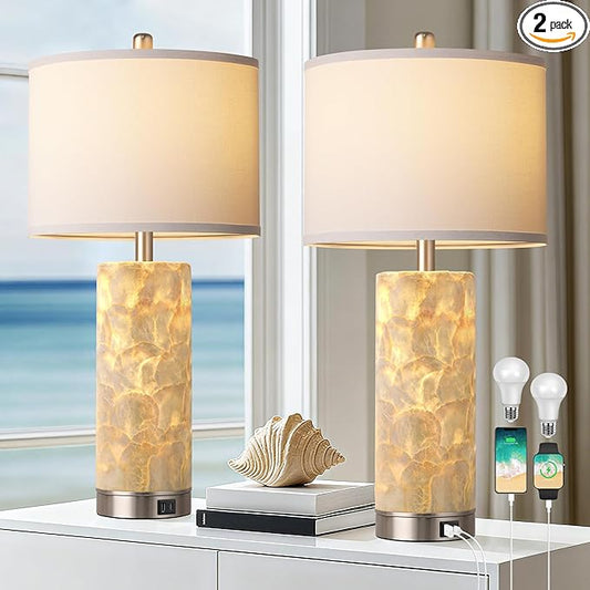 PARTPHONER Coastal Table Lamps for Living Room Set of 2, Bedside Lamps with Night Light, USB A+C Ports, 4-Way Rotary Switch, Seashell Nightstand Lamps for Bedroom and Home Office(LED Bulbs Included)