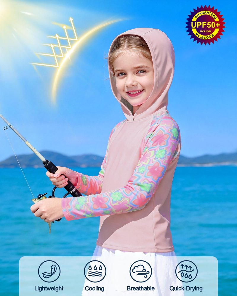 DRONIRING Boys Rash Guard Swim Hoodie, UPF 50+ UV Sun Protection Long Sleeve Fishing Shirt, Kids Youth SPF Water Shirts Pink-Green