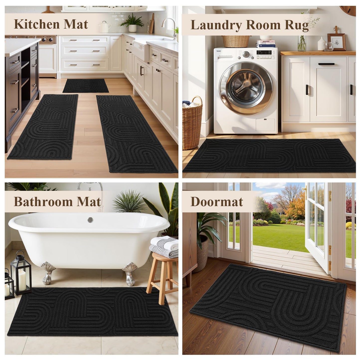 U'Artlines Kitchen Rugs and Mats Set of 3, Non Skid Washable Black Geometric Kitchen Mats for Floor, Absorbent and Stain Resistant Floor Mat for Laundry, Sink Decor 20x32+20x48+20x59
