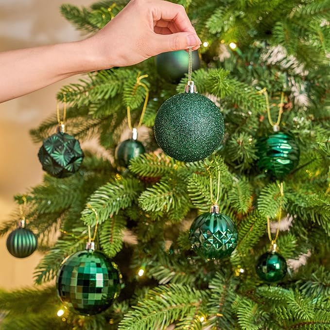 JORNOY Christmas Tree Ornaments Set, 47 Pack Assorted Shatterproof Hanging Balls Decorations, Plastic Bulbs Bulk with Lanyard for Home Holiday Party Decor, 3-Sizes (Dark Green)