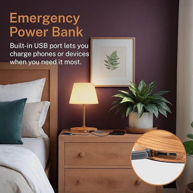 Battery Operated Table Lamp & Power Bank - 5000mAh Rechargeable Battery Powered, Touch Dimmable, 3 Color Temperatures, IP44 Waterproof Lamp Light for Home, Patio Outdoor Use - 9.6 In Modern Wood Grain