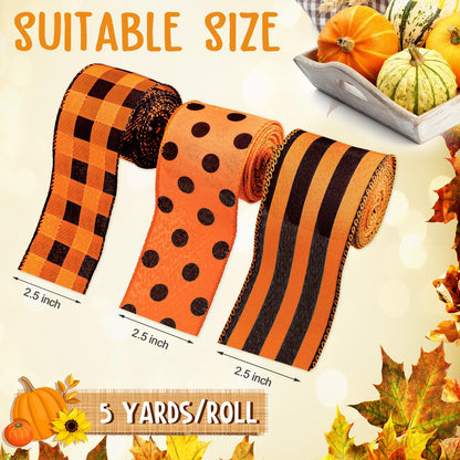 Wiaxin 3 Rolls Wired Ribbon Orange 2.5 Inch x 15 Yards Easter Orange and Black Buffalo Plaid Ribbon Gingham Ribbon Dot Pattern Striped Ribbons for Halloween Thanksgiving Fall DIY Crafts Party Decor