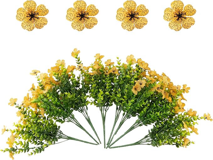 Outdoor Artificial Flowers, 8 Bundles Fake Flowers Autumn Decoration, No Fade Faux Plastic Shrubs for Garden Patio Porch Window Box Fall Decor (Yellow)