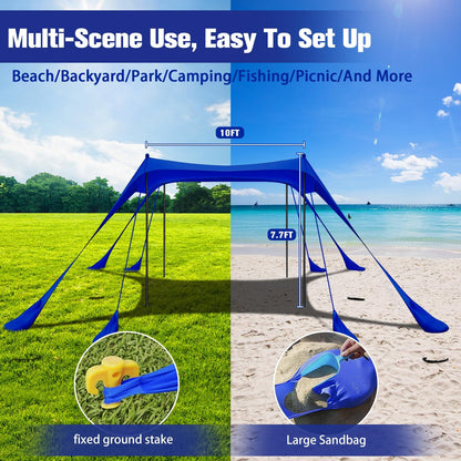 Beach Tent Sun Shelter 10x10FT Beach Shade Canopy with 8 Sandbags, UPF 50+ Protection Beach Shade Canopy, Outdoor Tent for Beach Camping Trips, Fishing, Backyard