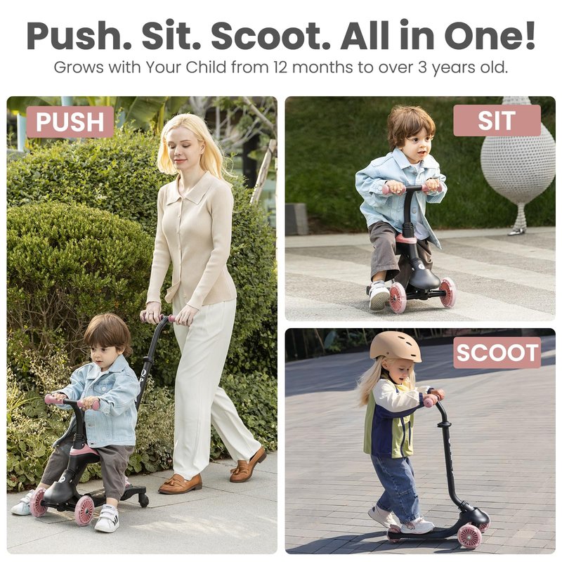 QPlay Toddler Scooter Ages 1 to 6 | Up to 110 Lbs | Kick Scooter with Adjustable Push Handle Height, Lights on Deck & 3 Wheels, Kids Ages 2 to 5 Boys & Girls Gifts (Violet) (Green)