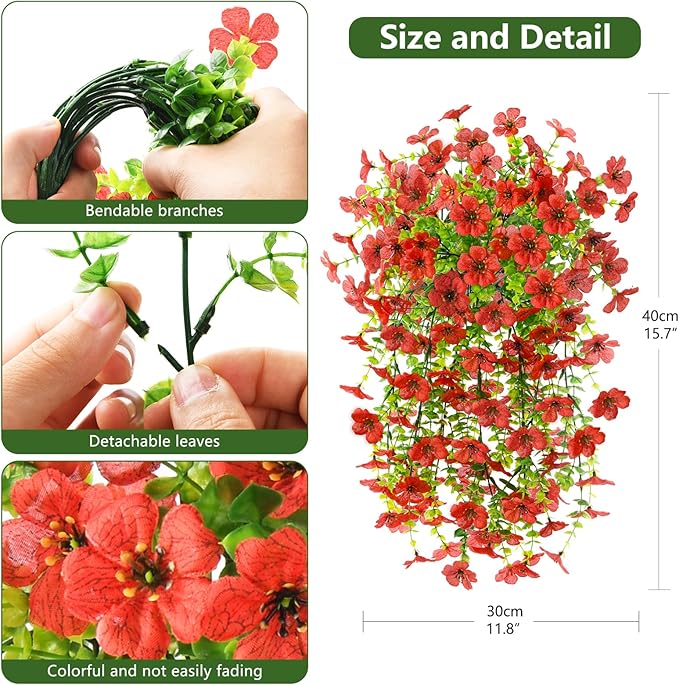 Artificial Fake Hanging Flowers Plants for Outdoor Spring Decorations, 2PCS Faux Daisy Silk Flower Outside No Fade UV Resistant Realistic Home Decor for Porch Patio Window Box (ChujuDH-Red