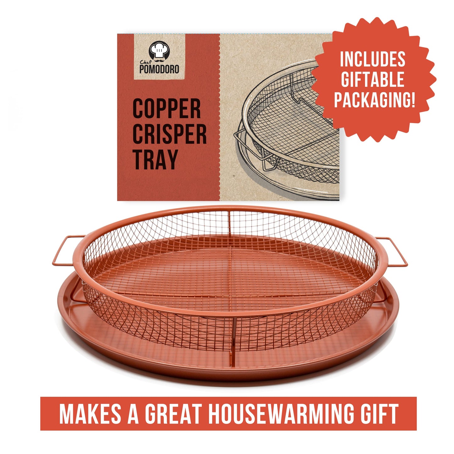 Chef Pomodoro Crisper Basket and Tray Set -2 Pieces, Large Plate for Oven with Air Fryer Option, Oil-Free Cookware Pan, Full Size Oven and Air Fryer Accessories for Any Kitchen, 12.2 inches (Copper)