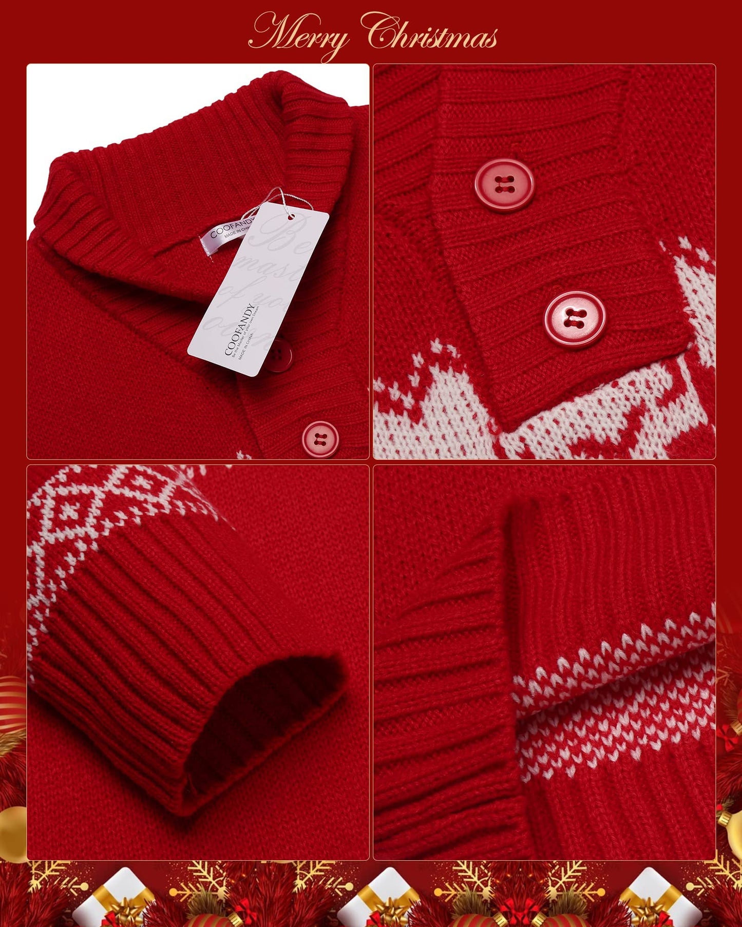 COOFANDY Mens Ugly Christmas Sweater V-Neck Pullover Casual Fair Isle Sweater Red L