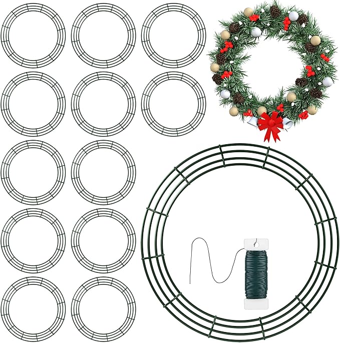 Fovths 24 Pieces Metal Christmas Wire Wreath Frame 24 Inch Green Wreath Ring with Floral Wire Form Front Door Garland Frame for Christmas Wedding Home DIY Crafts Supplies