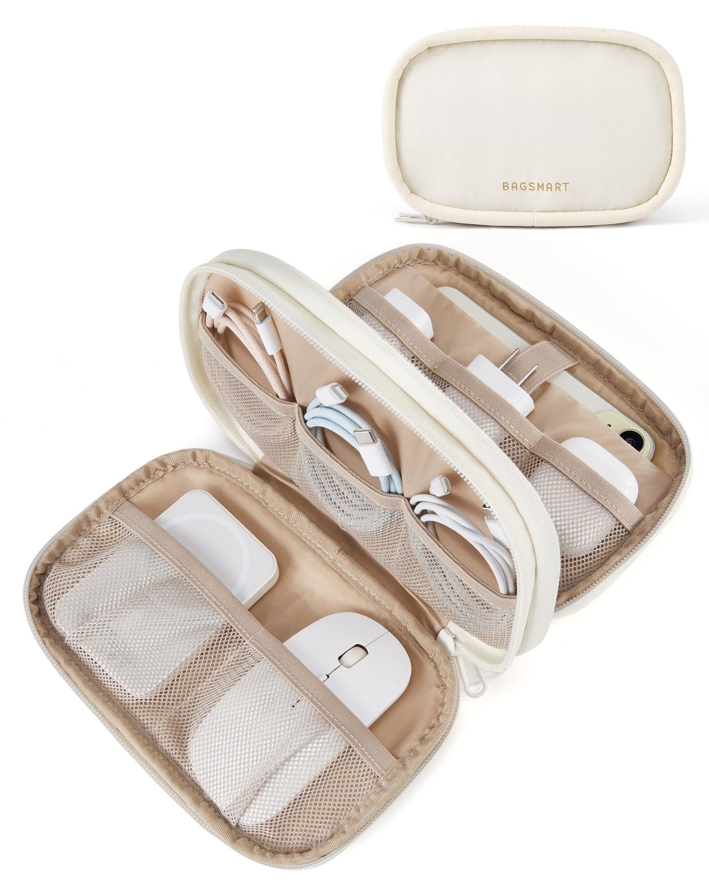 BAGSMART Electronics Organizer Travel Case, Cord Organizer for Women, Travel Cable Bag (Beige)