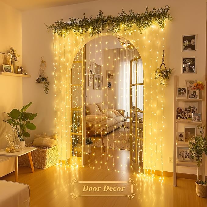 JMEXSUSS 200 LED Curtain Lights Battery Operated & USB Plug in, 8 Modes Warm White Christmas Curtain String Lights for Backdrop Bedroom Classroom Wedding Party Decorations