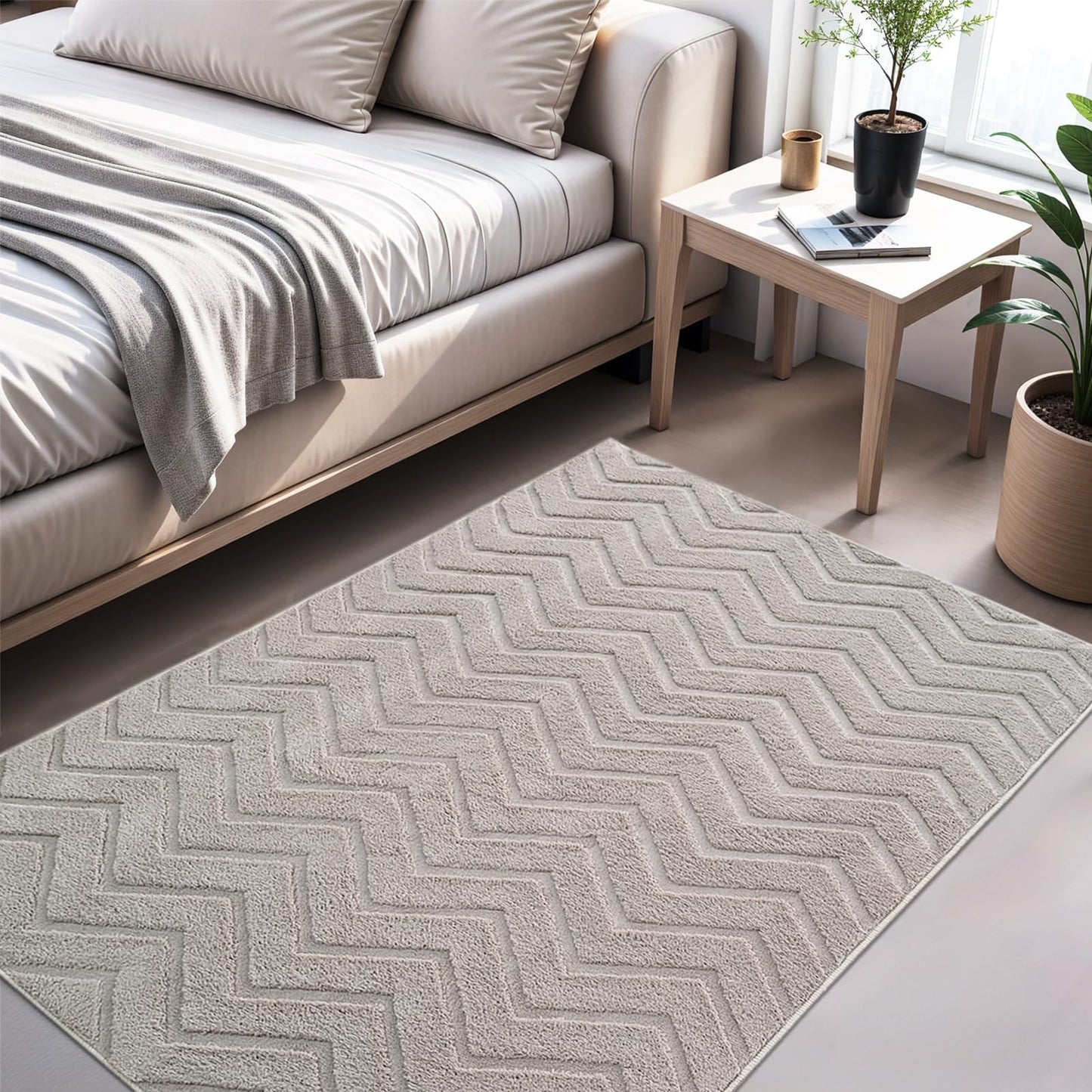 USTIDE 3'x5' Non-Slip Washable Area Rug, High-Low Pile Geometric Wave Modern Chevron Carpet for Living Room Bedroom Entryway Kitchen Bathroom, Beige