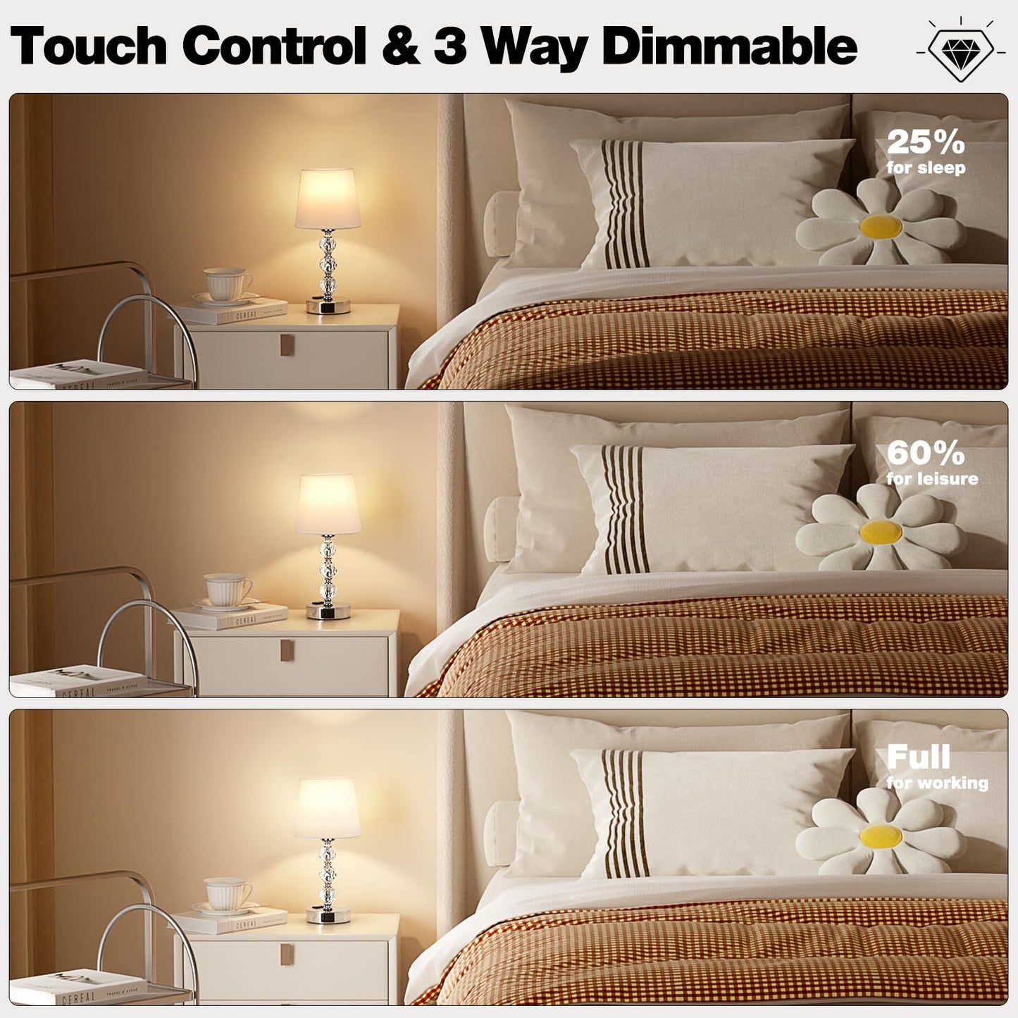 Acaxin 14.6'' Bedside Lamps for bedrooms Set of 2 - Mini Crystal Table Lamps with USB A+C Charging Ports and AC Outlet, 3 Way Dimmable Touch Control Silver Bed Side Nightstand Lamp