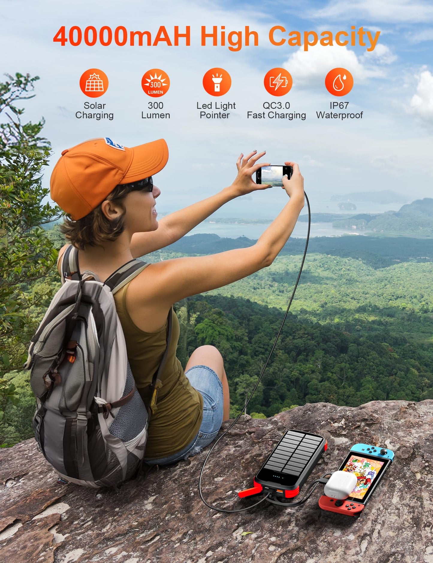 Solar Charger Power Bank, 40000mAh Portable Charger PD 20W Fast Charging Solar Power Bank Built in 4 Cables and USB-C in/Output, Camping Essentials External Battery Pack with Flashlights