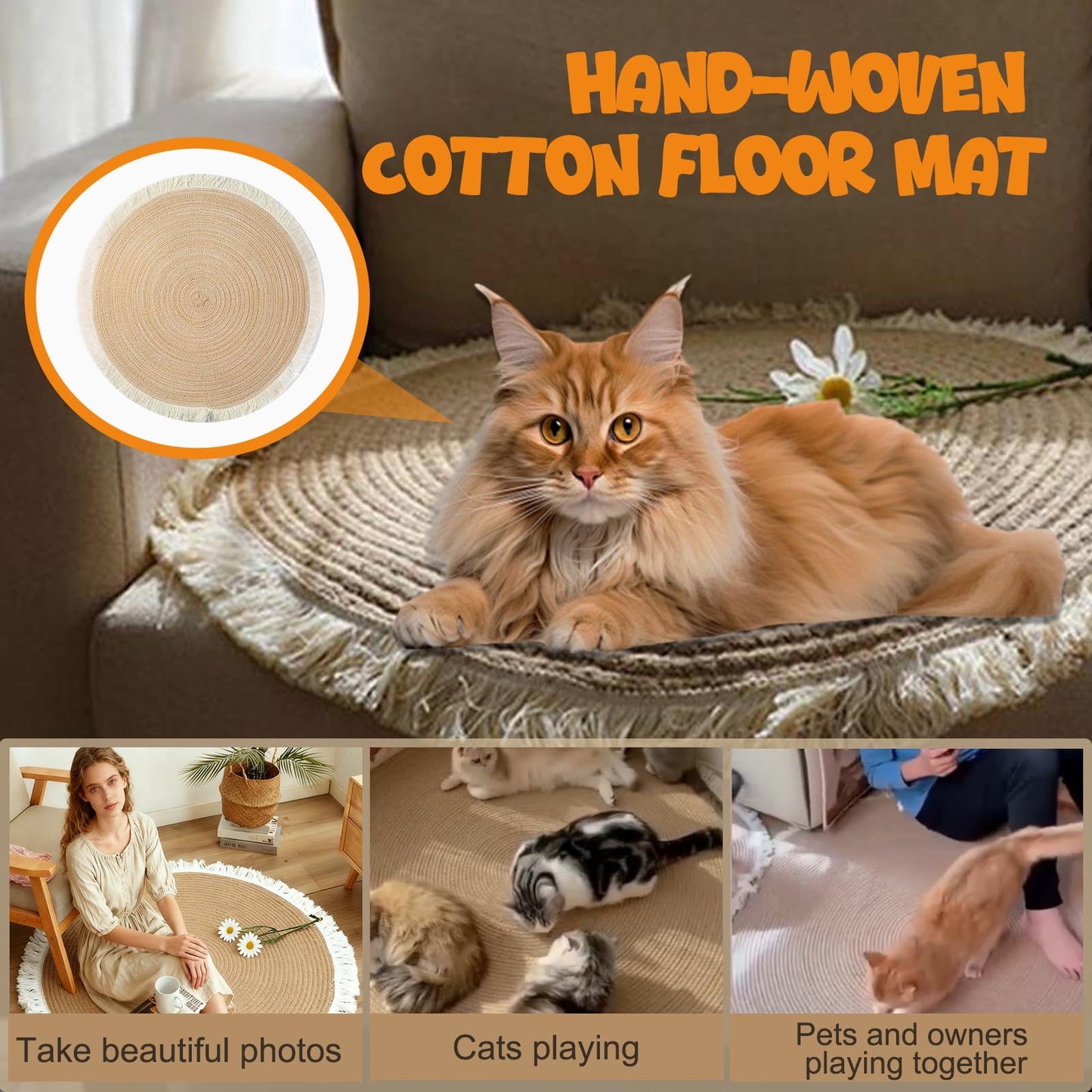 Xanadued Cotton Rope Area Rug for Cats, Cat Scratch Rug, Washable Boho Braided Circle Rug, Soft and Stylish Home Accen for Cat Lovers