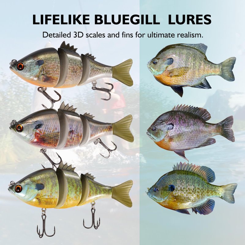 FONMANG 3-Pieces Swimbait Fishing Lures, 4.3in Lifelike Bluegill Multi-Jointed Slow Sinking Swim Bait, Fishing Lure for Large-Sized Bass, Walleye and Pike Fish in Freshwater and Saltwater-3Color