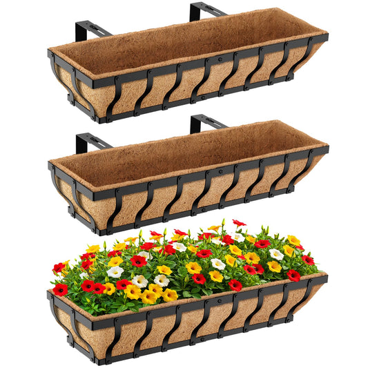 VOXOR Railing Planter Boxes, Heavy Duty Window Box Planters, Adjustable Balcony Planters for Railing Hanging, with Coco Liner & Support Rod for Deck, Porch, and Patio Gardening (3 Pack, 30 Inch)