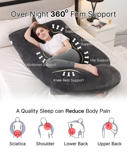 ALLOPERA Pregnancy Pillow, Full Body 57 Inch Maternity Pillow with Removable Washable Cover - Sleep Support for Legs, Back, Neck, Shoulder, HIPS, Belly for Pregnent Women, Black Grey Velvet Cover