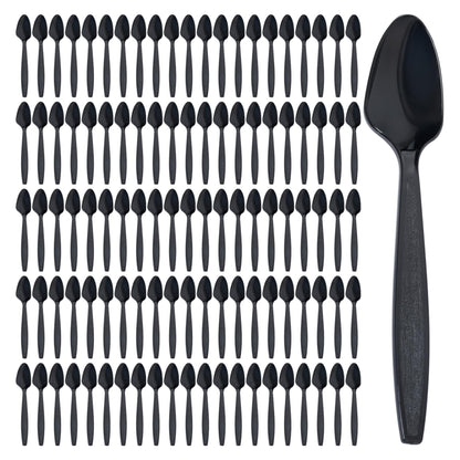 Prestee 300 Black Plastic Spoons Bulk - Durable Disposable Plastic Silverware Spoons - Heat-Resistant Spoon Cutlery - Heavy Duty Flatware Pack - Disposable Silverware Utensil Set for Hot and Cold Food