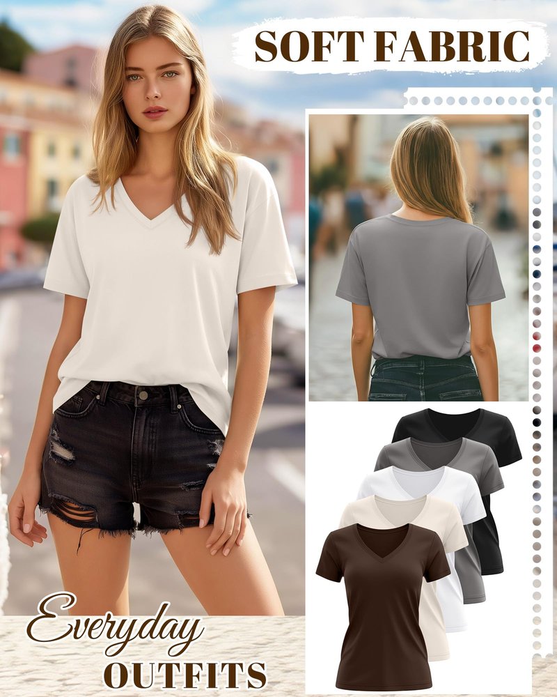 Huukeay Womens 5 Pack V Neck Basic Tees Comfortable Casual Short Sleeve T Shirts Solid Color Tops for Summer Flat Hem(Cream, Brown, White, Light Gray, Black,X-Large)