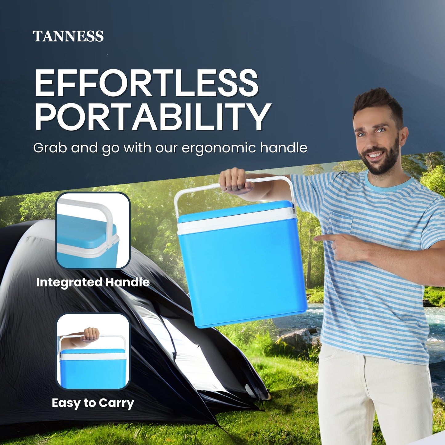 Tanness 24L Cool Box – Compact Insulated Ice Cooler Box for Hot or Cold Food and Drinks – Portable Ice Cooler for Camping, Picnics, Festivals, Travel, Beach, BBQs & Outdoor Adventures