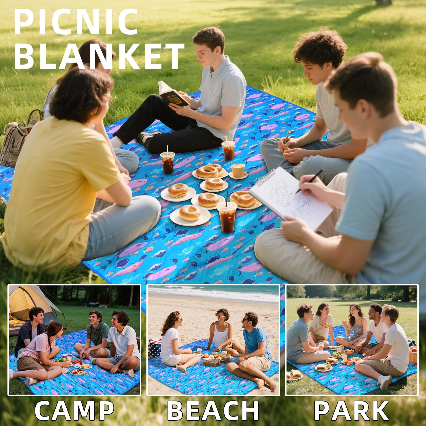 PICYALO Picnic Blanket, 80x80 Inches, White Fish Pattern, Double Thickened with 150g Cotton, Portable Foldable with Leather Carry Strap