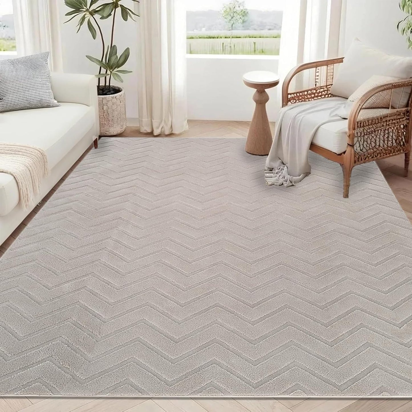 USTIDE 3'x5' Non-Slip Washable Area Rug, High-Low Pile Geometric Wave Modern Chevron Carpet for Living Room Bedroom Entryway Kitchen Bathroom, Beige