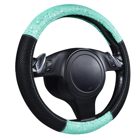 CAR PASS Lace and Spacer Mesh Steering Wheel Covers,14.5-15 Inch Car Steering Wheel Cover Fit for 95% Sedan,Vans,SUV,Coupe,Cars. Pretty Sequins Cute Women Girls(Mint Lace)