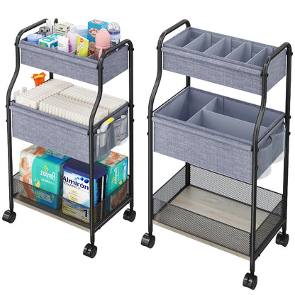 3-Tier Baby Diaper Caddy Organizer and Storage Cart with 4+2 Dividers, Mobile Metal Utility Cart with Rolling Wheels for Nursery Essentials, Large Capacity Rolling Carts for Crib, Bedroom, Bathroom