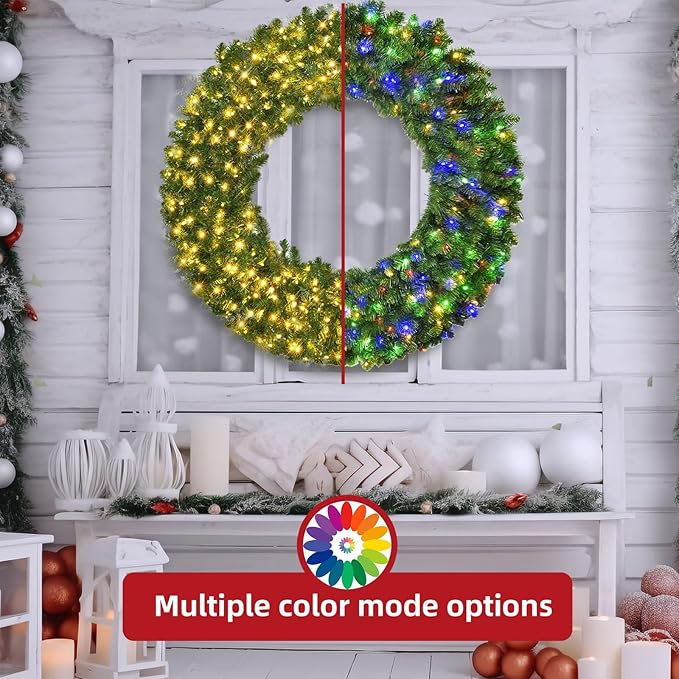 48in Large Christmas Outdoor Wreath - HOYECHI Lighted Wreaths Holiday Decor, Outdoor Wreath with 210 Colorful LEDs,714 PVC Tips, Metal Hook, 9 Functions, Timer, Power Plug-in, Remote Controls