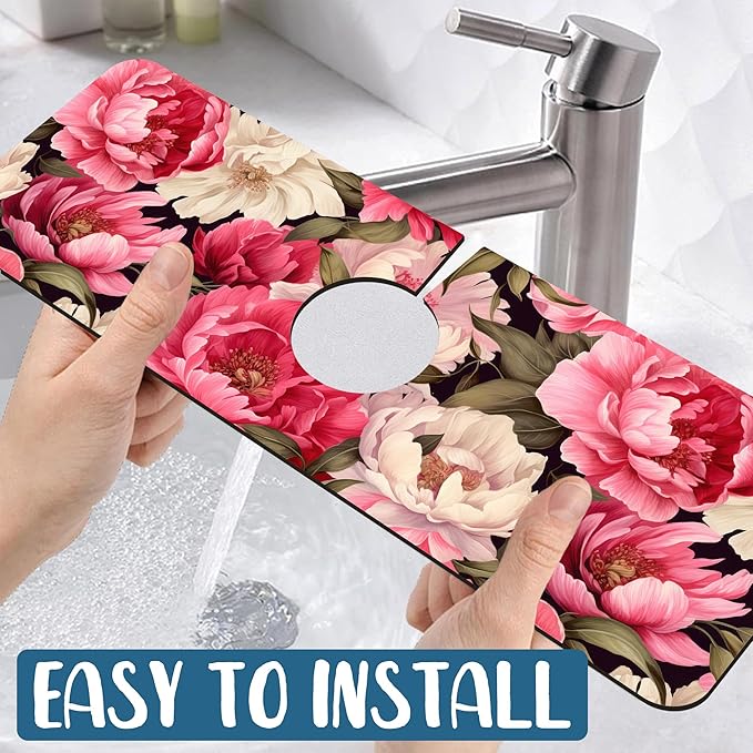 Garden Flowers Sink Splash Guard Faucet Mat Watercolor Peonies Super Absorbent