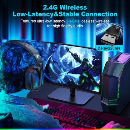 Fachixy Wireless Gaming Headset with Microphone for PC, PS5, PS4, Bluetooth Gaming Headphones - Fast Charge 50Hr Battery, Cool LED Lights for Switch, Laptop, Mobile, Mac 2.4GHz Gamer Headset