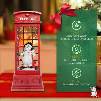 Christmas Snow Globes, 10" Snowman Christmas Glitter Lantern with 8 Songs, 6H Timer Battery & USB Powered Music Box for Christmas Table Decorations
