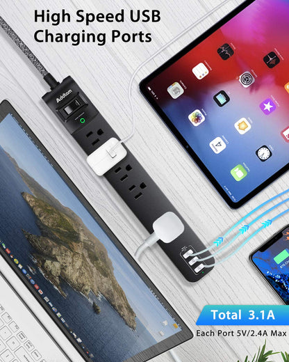 2 Pack Power Strip Surge Protector - 5 Widely Spaced Outlets 3 USB Charging Ports, 1875W/15A 6Ft Braided Extension Cord, Flat Plug Overload Protection, Wall Mount for Home Office Dorm Room Essentials