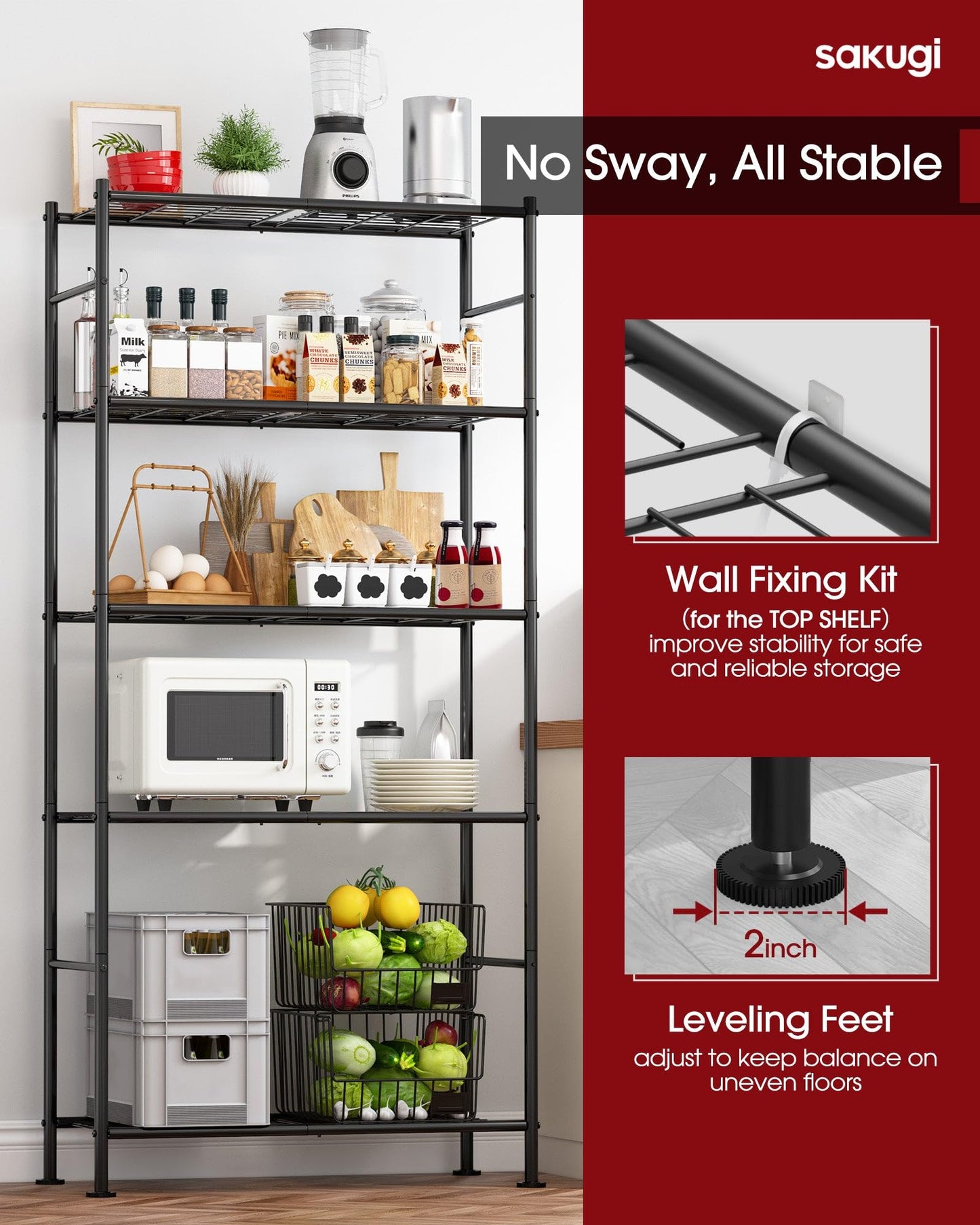 Storage Shelves - 5 Tier Shelf Organizer, Heavy Duty Garage Shelving Unit with Leveling Feet, Stable Metal Shelves Organizer for Pantry, Kitchen and Closet, 33.0" W x 12.6" D x 72.0" H, Black