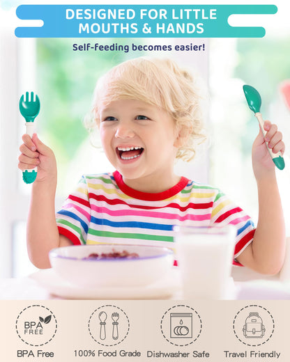 Deejoy Toddler Utensils, Self-feeding Flatware Set withTravel Case, Baby Spoons and Forks with Silicone Bendable Handle, Easy Grip Heat-Resistant, Ideal for Kids, Stage 2 (Green)
