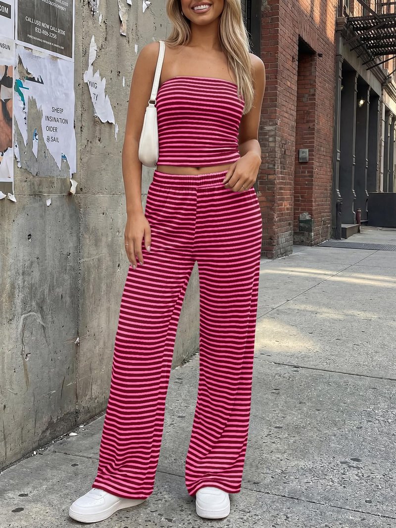 Trendy Queen Womens 2 Piece Lounge Sets Matching Summer Beach Vacation Outfits 2026 Pajamas Striped Crop Tube Tops Wide Leg Pants Pockets Travel Clothes Pink M