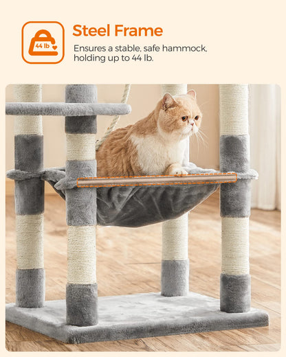 FEANDREA Cat Tree, Cat Tower for Indoor Cats, 56.3-Inch Cat Condo with Scratching Posts, Hammock, Plush Perch, Light Gray UPCT15W