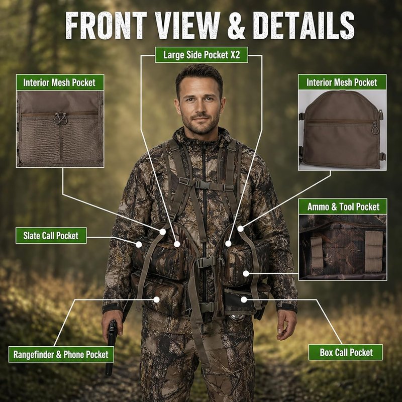 Turkey Hunting Vest with Detachable Flip-Down Seat Mat - Camouflage Game Pouch for Men & Women